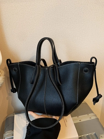 Sac Fourre-tout en Cuir PU de Grande Capacité Style Français pour Femmes Motif Litchi Surpiqûres Contrastées Sac à Épaule Minimaliste