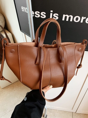 Sac Fourre-tout en Cuir PU de Grande Capacité Style Français pour Femmes Motif Litchi Surpiqûres Contrastées Sac à Épaule Minimaliste