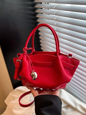 Women Minimalist PU Leather Lychee Pattern Bucket Bag Fashion Wrinkle Design Shoulder Crossbody Bag With Metal Pendant