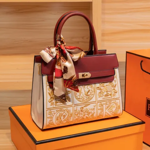 Vintage Embroidered PU Leather Top Handle Bag Kelly Style Handbag With Silk Scarf Elegant Wedding Party Crossbody Bag