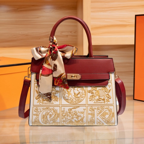 Vintage Embroidered PU Leather Top Handle Bag Kelly Style Handbag With Silk Scarf Elegant Wedding Party Crossbody Bag