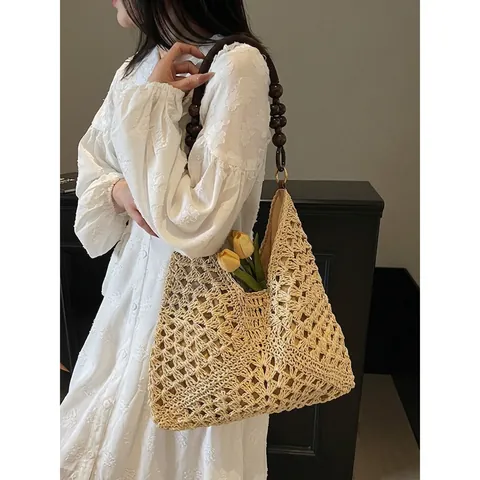 Handcrafted Woven Tote Bag For Women With Bohemian Wooden Bead Handle Hollow Crochet Shoulder Bag Beach Holiday Straw Bag
