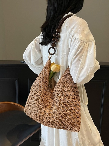 Handcrafted Woven Tote Bag For Women With Bohemian Wooden Bead Handle Hollow Crochet Shoulder Bag Beach Holiday Straw Bag