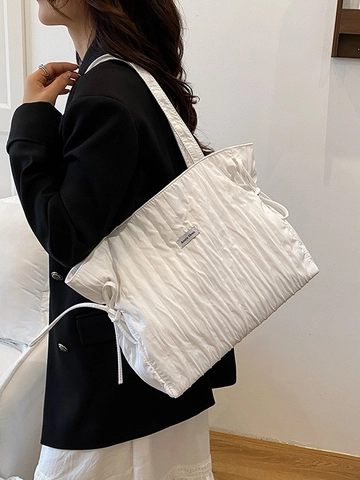 Women Large Capacity Pleated Tote Bag Minimalist Casual Commuter Shoulder Bag Soft Fabric Handbag With Drawstring Decoration