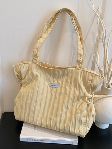 Women Large Capacity Pleated Tote Bag Minimalist Casual Commuter Shoulder Bag Soft Fabric Handbag With Drawstring Decoration