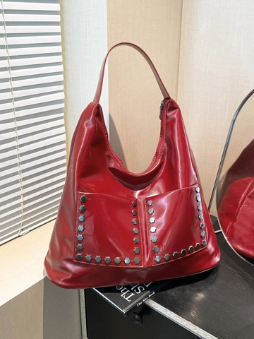 Bolso Tote de Cuero PU Retro para Mujer de Gran Capacidad Remaches Plateados Color Sólido Casual Hombro Hobo