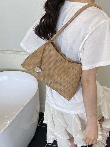 Borsa a Secchiello in Pelle PU Intrecciata da Donna Borsa a Tracolla Minimalista Con Ciondolo a Cuore Borsa Hobo alla Moda per Pendolari