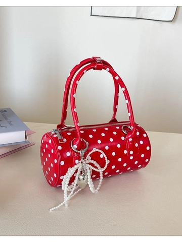 Women Polka Dot Barrel Bag PU Leather Cylinder Crossbody Bag With Artificial Pearl Bow Charm Sweet Top Handle Handbag For Daily