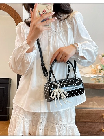 Women Polka Dot Barrel Bag PU Leather Cylinder Crossbody Bag With Artificial Pearl Bow Charm Sweet Top Handle Handbag For Daily