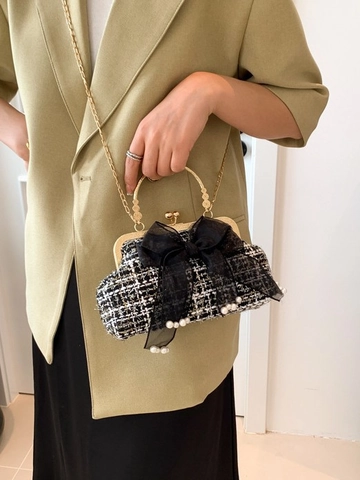 Elegant Tweed Bow Evening Bag For Women With Artificial Pearl Decoration Metal Handle Chain Strap Vintage Banquet Handbag