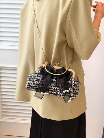Elegant Tweed Bow Evening Bag For Women With Artificial Pearl Decoration Metal Handle Chain Strap Vintage Banquet Handbag