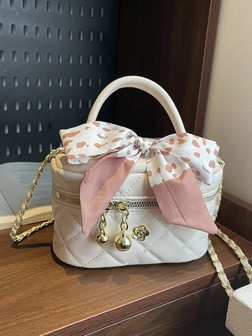 Women Mini Quilted Shoulder Bag PU Leather Gold Ball Chain Crossbody Bag With Scarf Elegant Fashion Handbag For Daily Travel