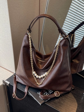 Large Capacity Women PU Leather Hobo Bag Artificial Pearl Gold Metal Chain Decoration Versatile Shoulder Tote Commute Backpack