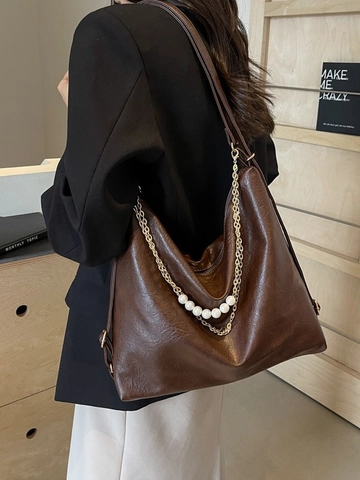 Large Capacity Women PU Leather Hobo Bag Artificial Pearl Gold Metal Chain Decoration Versatile Shoulder Tote Commute Backpack