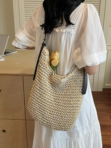 Pastoral Style Woven Straw Tote Bag For Women Summer Vacation Shoulder Bag Large Capacity Bag With Synthetic Leather Strap
