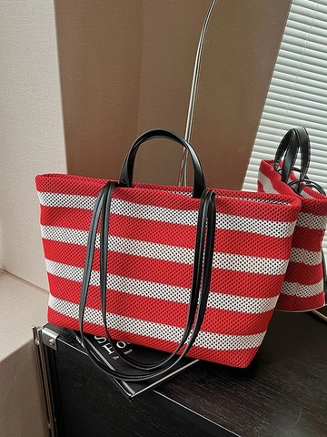 Women Large Capacity Striped Woven Tote Bag Contrast Color Mesh Shoulder Bag For Casual Daily Commuting Fashion Handbag