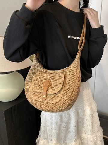 Borsa a Spalla a Mezzaluna in Paglia Intrecciata Bohemien da Donna Fatta a Mano Vacanze al Mare Borsa Hobo Con Tracolla Regolabile