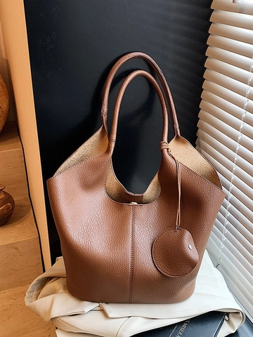 Große Kapazität Litschi Muster PU Leder Eimertasche Für Damen Chic Minimalistische Hobo Tragetasche Mit Rundem Anhänger