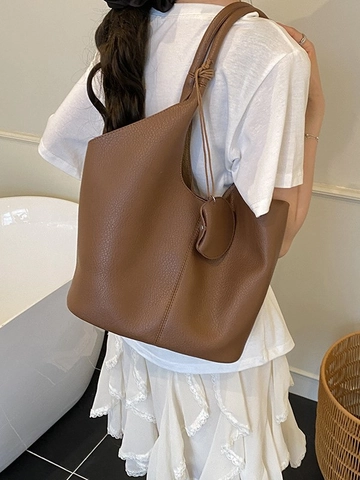 Große Kapazität Litschi Muster PU Leder Eimertasche Für Damen Chic Minimalistische Hobo Tragetasche Mit Rundem Anhänger