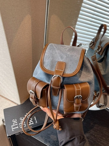 Mochila Pequeña de Patchwork de Cuero PU Vintage para Mujer Casual Color de Contraste Multibolsillos Solapa Bolso de Hombro