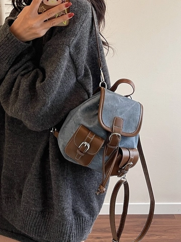 Mochila Pequeña de Patchwork de Cuero PU Vintage para Mujer Casual Color de Contraste Multibolsillos Solapa Bolso de Hombro