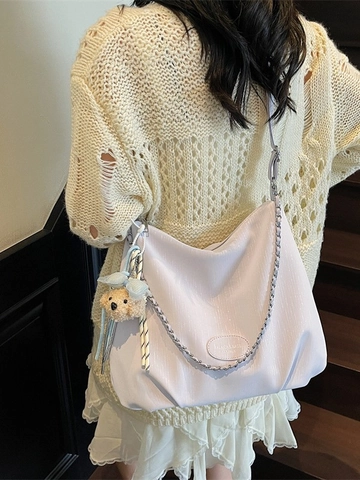 Grand Sac Cabas Plissé en Cuir PU Minimaliste pour Femmes Grande Capacité Sac à Épaule Hobo Avec Pendentif Ours en Peluche