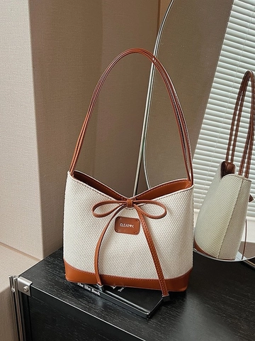 Bolso Bombonera de Patchwork de Cuero PU y Lona Tejida Retro para Mujer Moda Lazo Color de Contraste Bolso de Hombro Bajo el Brazo Viaje Diario Tote Bag