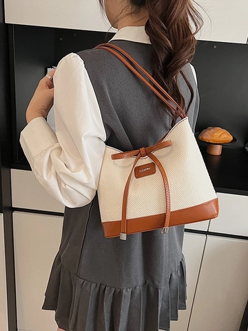 Bolso Bombonera de Patchwork de Cuero PU y Lona Tejida Retro para Mujer Moda Lazo Color de Contraste Bolso de Hombro Bajo el Brazo Viaje Diario Tote Bag