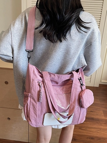 Large Capacity Nylon Tote Bag For Women With Transparent PVC Pocket And Detachable Round Coin Purse Casual Shoulder Bag