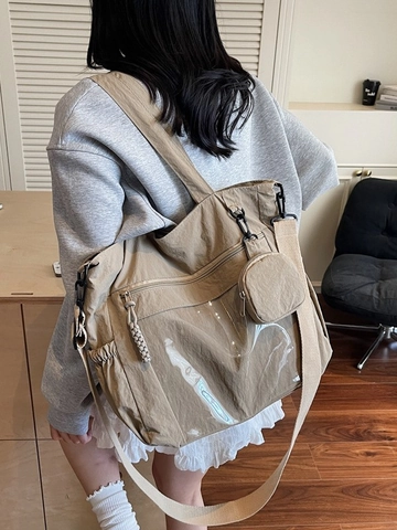 Large Capacity Nylon Tote Bag For Women With Transparent PVC Pocket And Detachable Round Coin Purse Casual Shoulder Bag