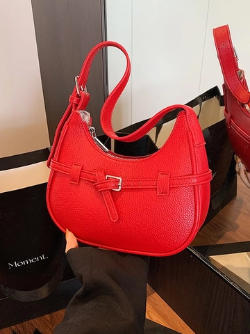 Sac Hobo Minimaliste en Cuir PU pour Femmes Motif Litchi Sac Bandoulière Demi-Lune Avec Boucle de Ceinture Sac à Épaule