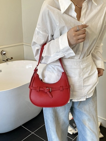 Sac Hobo Minimaliste en Cuir PU pour Femmes Motif Litchi Sac Bandoulière Demi-Lune Avec Boucle de Ceinture Sac à Épaule