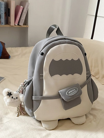 Shark Shaped Backpack For Women Student Color Block Nylon School Bag With Cute Plush Pendant Academy Style Large Capacity Travel Daypack