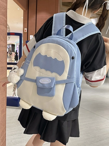 Shark Shaped Backpack For Women Student Color Block Nylon School Bag With Cute Plush Pendant Academy Style Large Capacity Travel Daypack