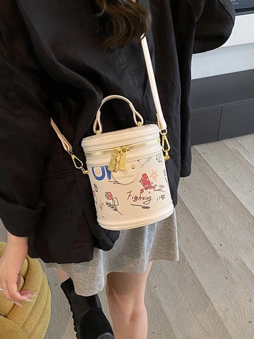 Borsa a Secchiello Graffiti alla Moda da Donna in Pelle PU con Stampa Cartoon Borsa a Cilindro con Manico e Tracolla Regolabile