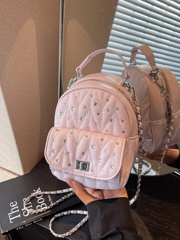 Women Quilted PU Leather Mini Backpack With Rhinestones Silver Chain Strap Metal Lock Fashion Versatile Small Backpack