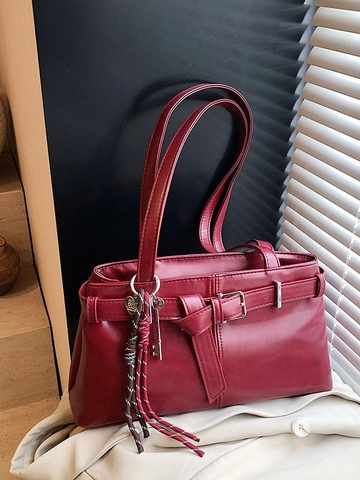 Retro Women PU Leather Underarm Bag Large Capacity Commuter Shoulder Bag With Pendant Solid Color Casual Handbag Purse