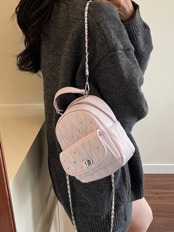 Women Quilted PU Leather Mini Backpack With Rhinestones Silver Chain Strap Metal Lock Fashion Versatile Small Backpack