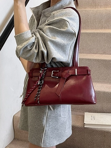 Retro Women PU Leather Underarm Bag Large Capacity Commuter Shoulder Bag With Pendant Solid Color Casual Handbag Purse