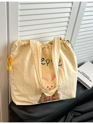 Sac Cabas en Toile Femme Grande Capacité Motif à Carreaux Broderie Lapin Ours Dessin Animé Sac à Épaule Casual