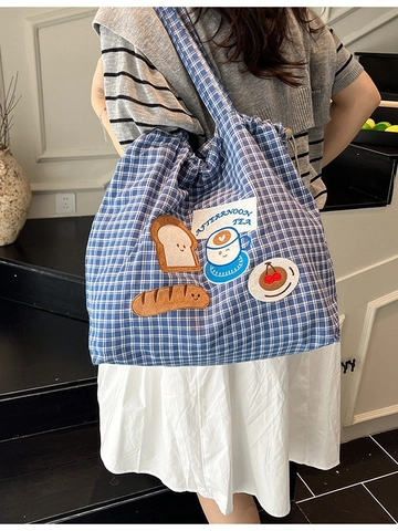 Sac Cabas en Toile Femme Grande Capacité Motif à Carreaux Broderie Lapin Ours Dessin Animé Sac à Épaule Casual