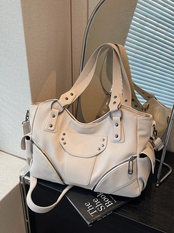 Vintage Rivet Motorcycle Tote Bag Large Capacity PU Leather Shoulder Bag For Women Star Studded Crossbody Handbag
