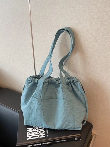 Damen Große Kapazität Stoff Kordelzug Tote Bag Lässig Leichte Plissierte Schultertasche Für Pendeln Büro Reisen Einkaufen
