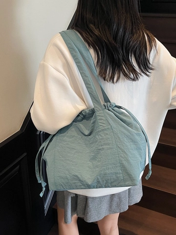 Damen Große Kapazität Stoff Kordelzug Tote Bag Lässig Leichte Plissierte Schultertasche Für Pendeln Büro Reisen Einkaufen