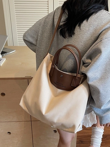 Large Capacity Canvas Tote Bag For Women Fashion Contrast Color Splicing Shoulder Bag Trendy Commute Handbag Travel Shopping Bag