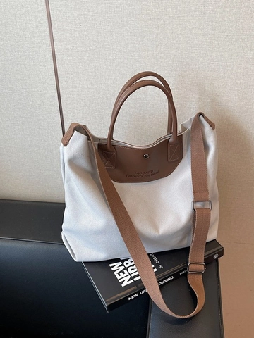 Large Capacity Canvas Tote Bag For Women Fashion Contrast Color Splicing Shoulder Bag Trendy Commute Handbag Travel Shopping Bag