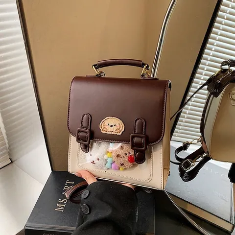Preppy-Stil Mini-PU-Lederrucksack Für Damen Vintage Ita Bag Mit Transparentem Fenster Süßer Cartoon Hund Patch Alltagstasche