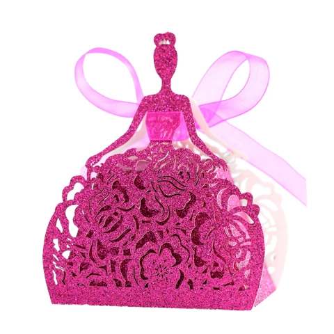 Scatole per Caramelle Glitterate Sagoma di Principessa Tagliate al Laser Con Nastri Rosa Fiore Svuotato Scatole Regalo Matrimonio