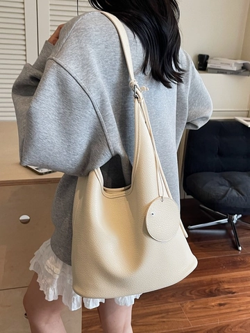 Large Capacity Women Bucket Tote Bag PU Leather Lychee Grain Shoulder Bag With Round Charm Minimalist Vintage Daily Commute Bag