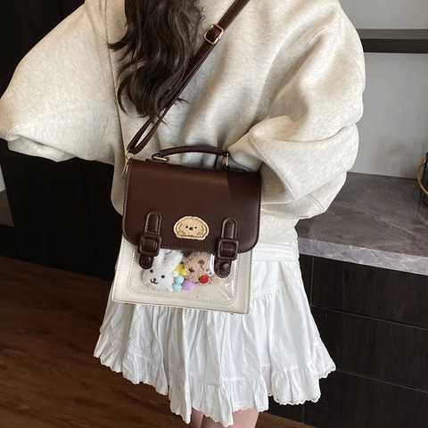 Preppy-Stil Mini-PU-Lederrucksack Für Damen Vintage Ita Bag Mit Transparentem Fenster Süßer Cartoon Hund Patch Alltagstasche